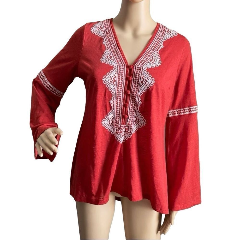 JW Style Bell Sleeve Long Sleeved Blouse Burnt Orange With White Embroidery Med